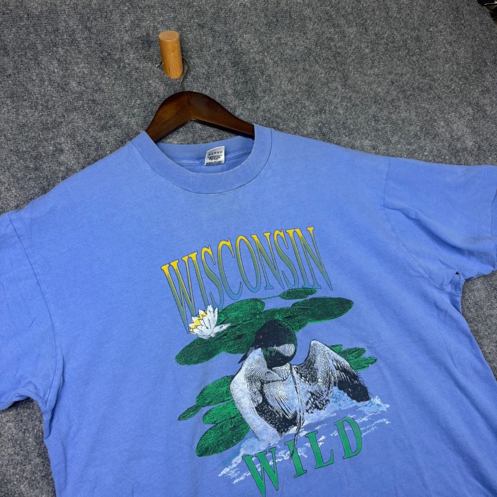 Vintage Fruit of the Loom Wisconsin Wild Loon T-Shirt XL Blue Made in USA 90s
